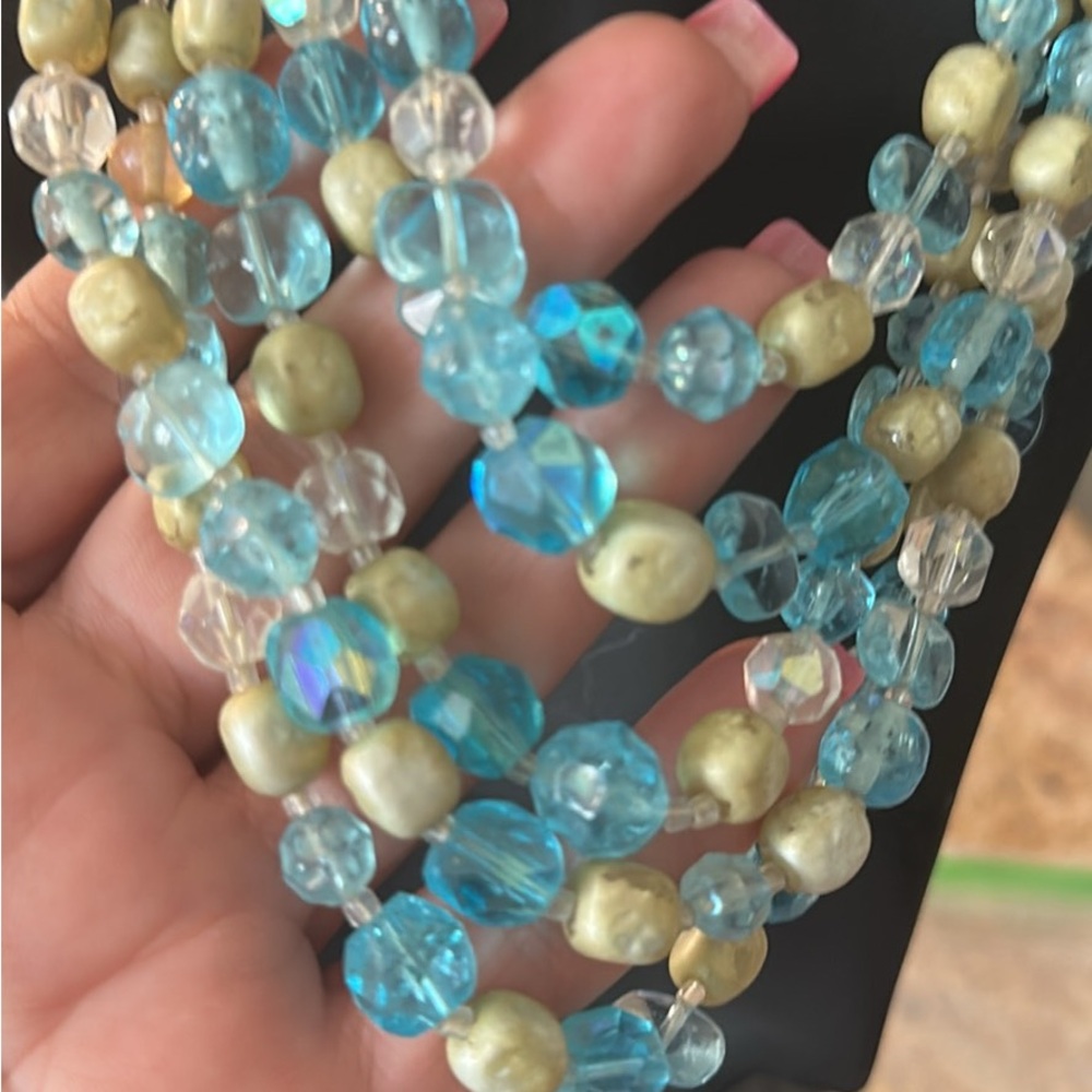 Multi-Strand Blue and Cream Beaded Necklace - Women Jewelry